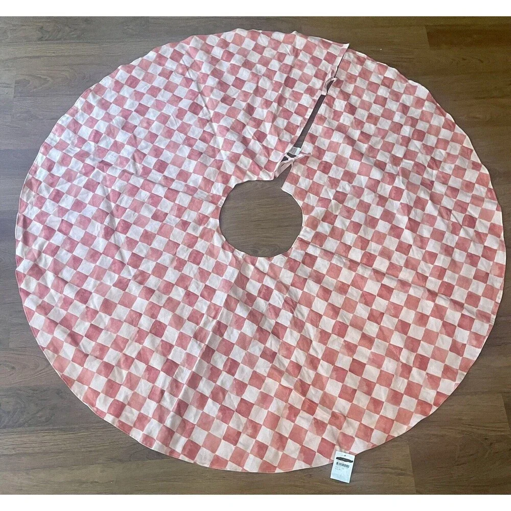 Shannon Retseck Studio Checkered French Linen Tree Skirt in Peach/Sienna New